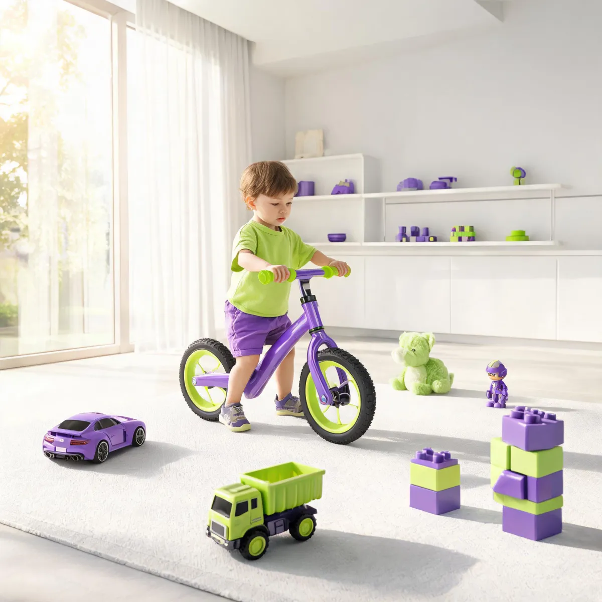 Toddler on Strider ride-on toy