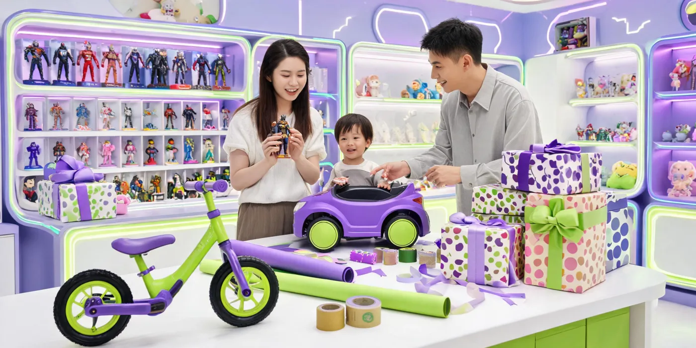 Children choosing ride-on toys and collectible play sets